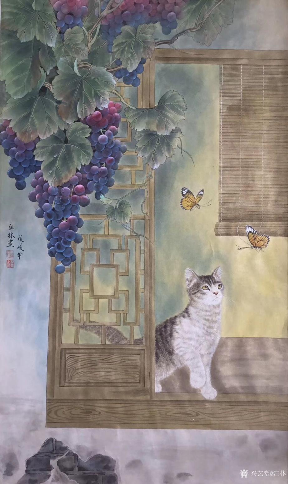 汪林国画作品《猫蝶图》