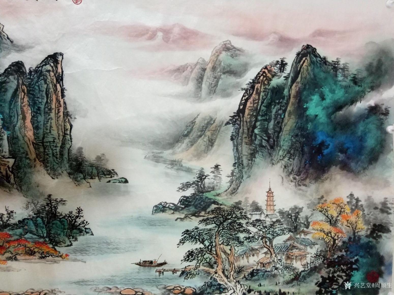 周顺生国画作品《日映湘山寺聚宝盆》【图1】