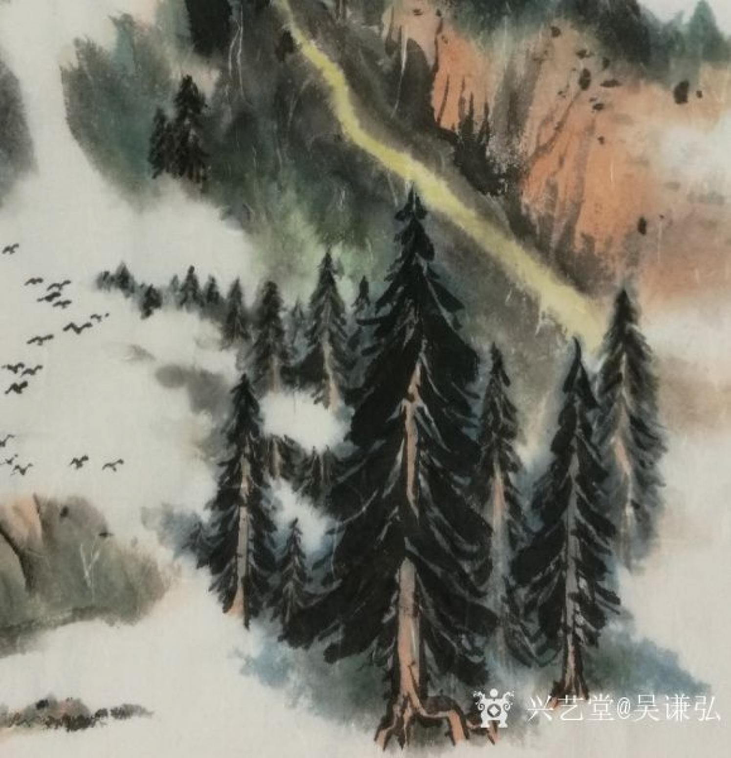 吴谦弘国画作品《山居图-吴谦弘红木绫》【图4】