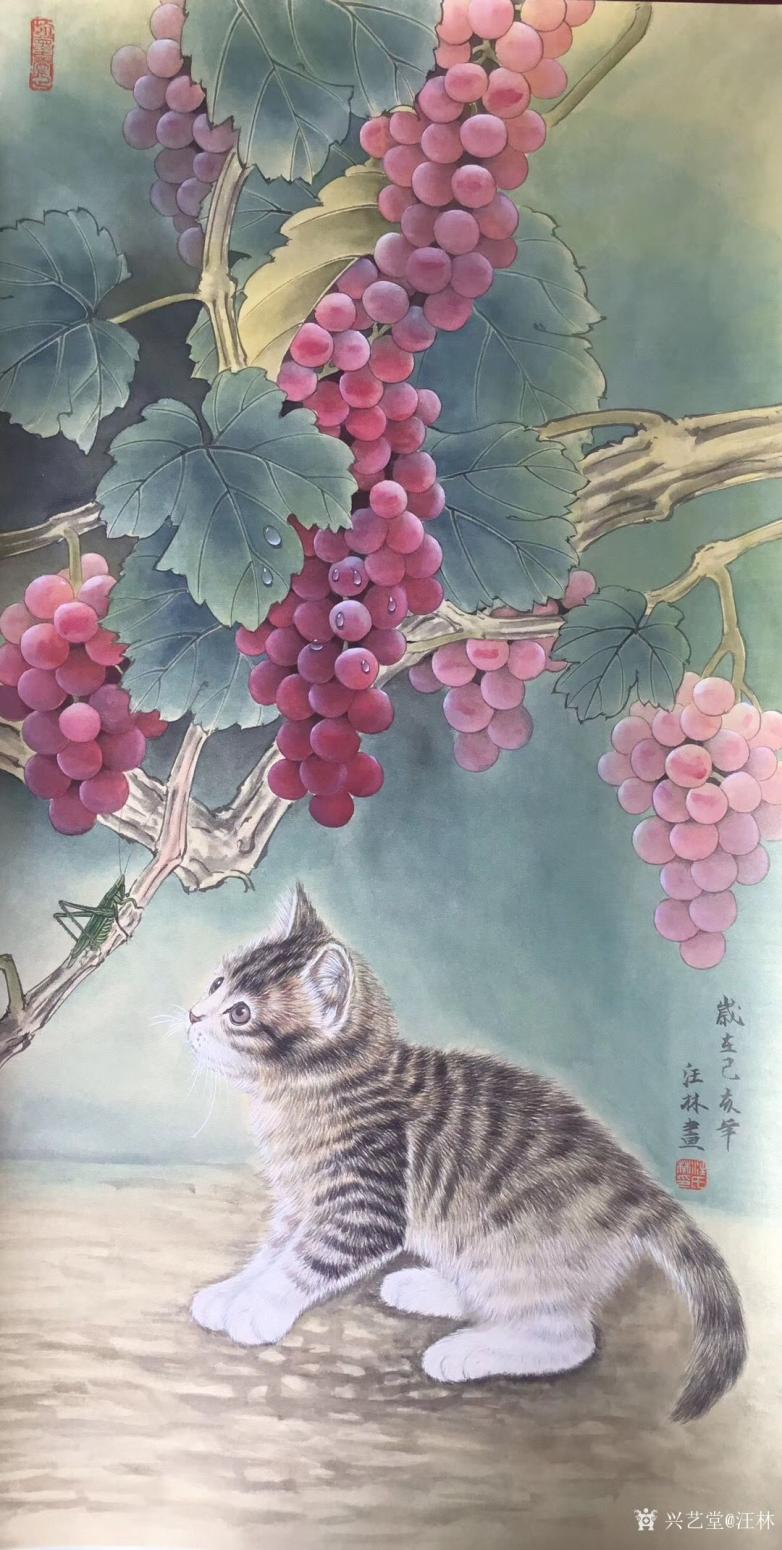 汪林国画作品《猫与蚂蚱“秋趣”》