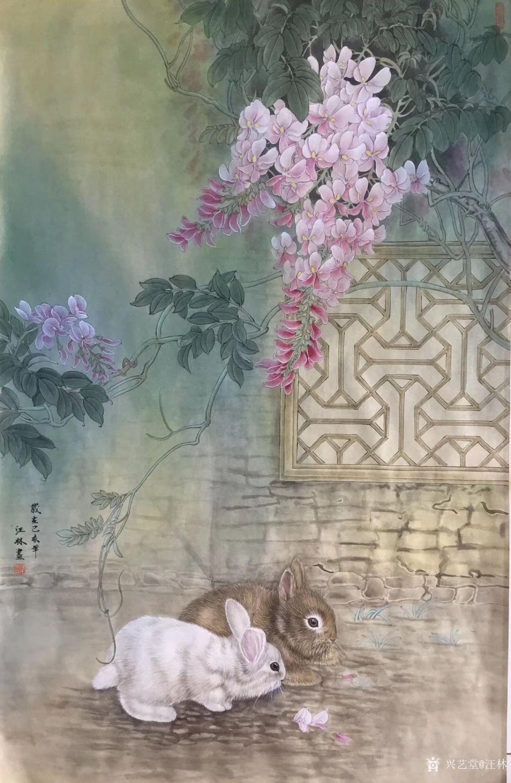 汪林国画作品《簕杜鹃花下的双兔图》