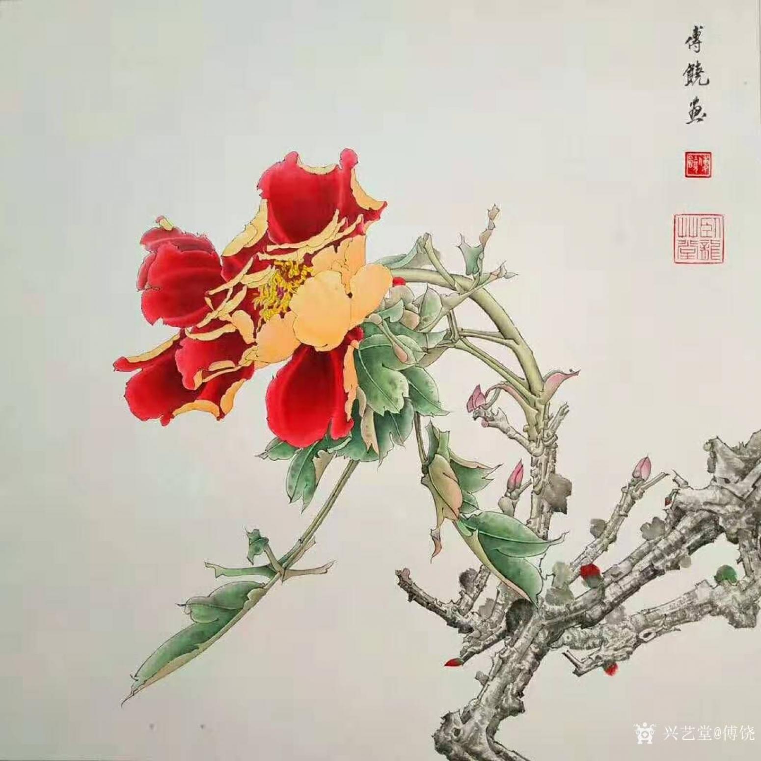 傅饶国画作品《工笔花鸟-牡丹（一）》