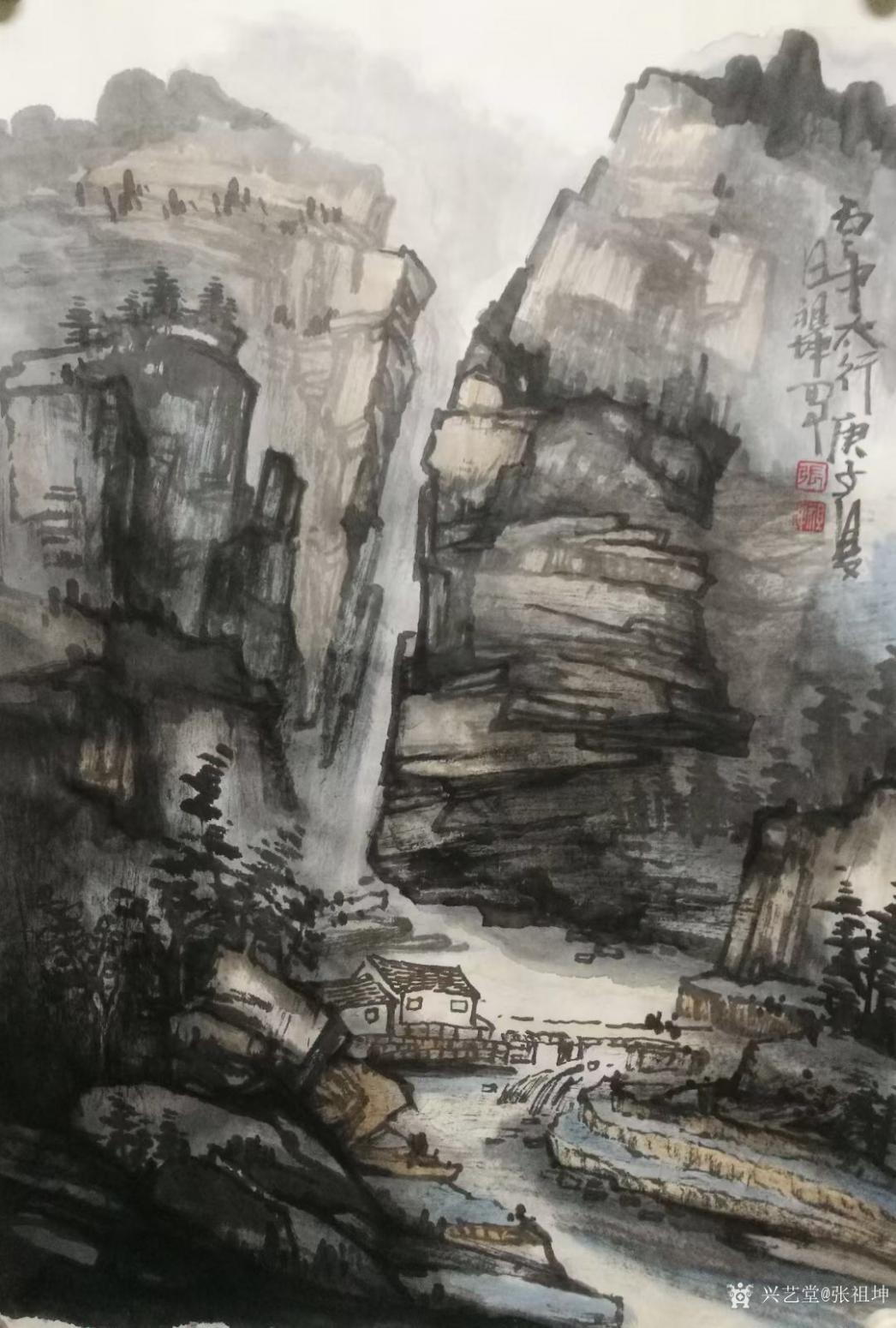 张祖坤国画作品《山水-雨中太行》