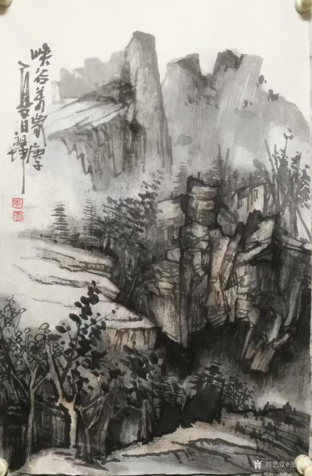 张祖坤国画作品《山水-峡谷羌家》