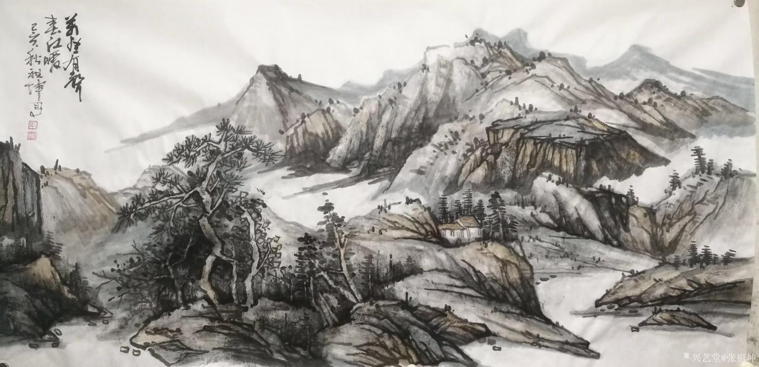 张祖坤国画作品《山水-羌屋有声春江暖》