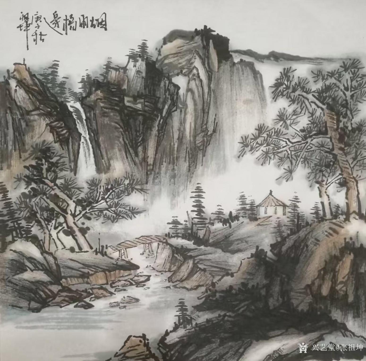 张祖坤国画作品《山水-烟雨桥边》
