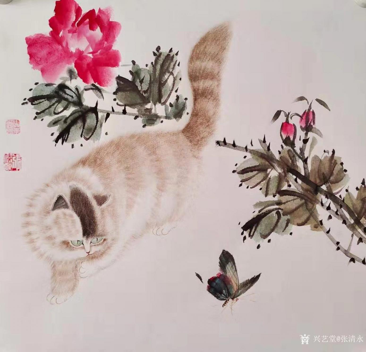 张清永国画作品《花鸟-猫蝶图》