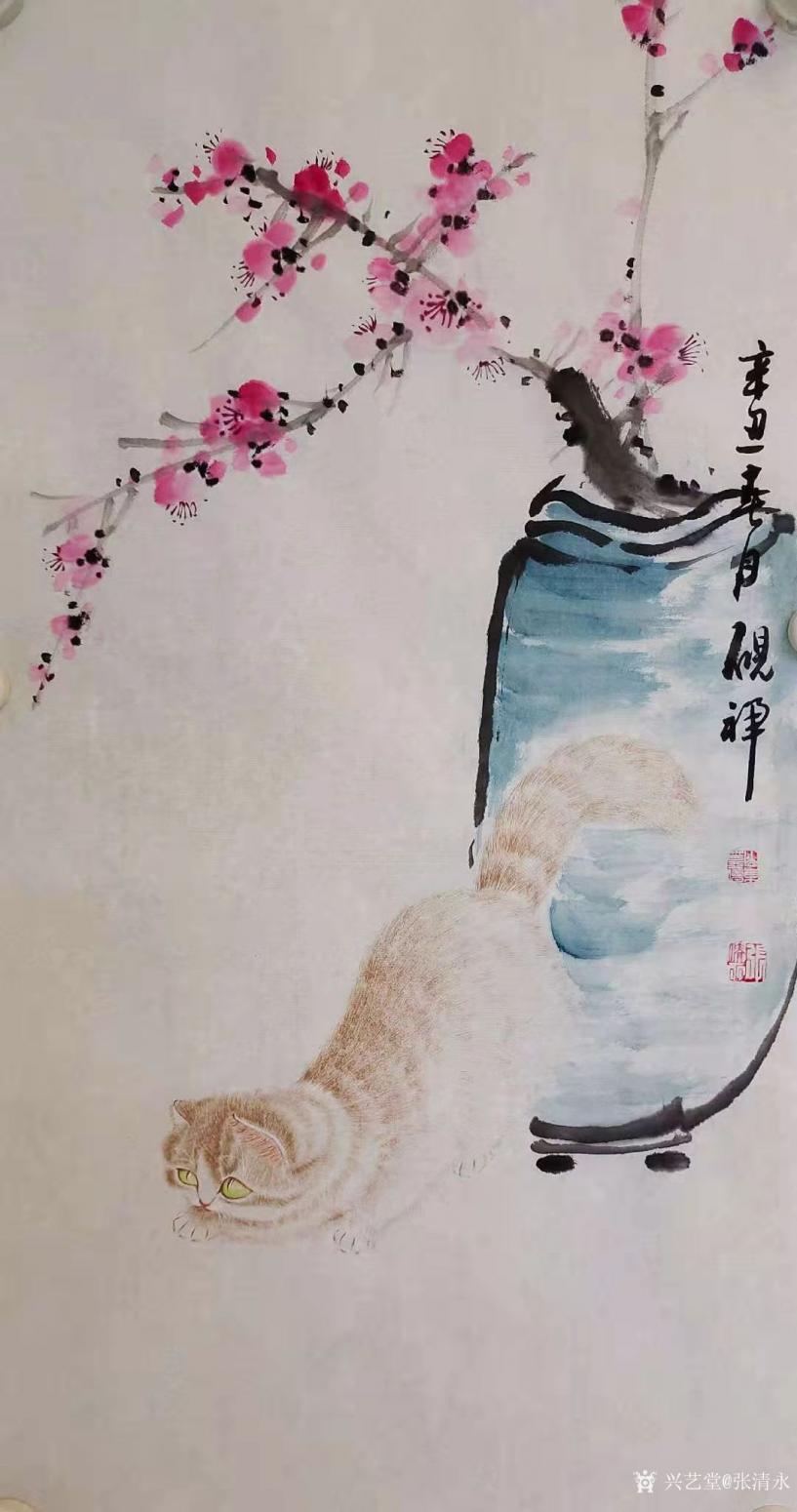 张清永国画作品《花鸟-好奇猫》