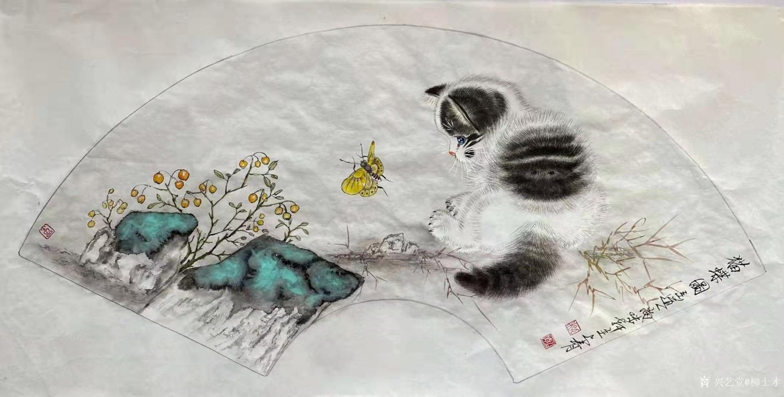 柳士才国画作品《猫咪-猫蝶图2》