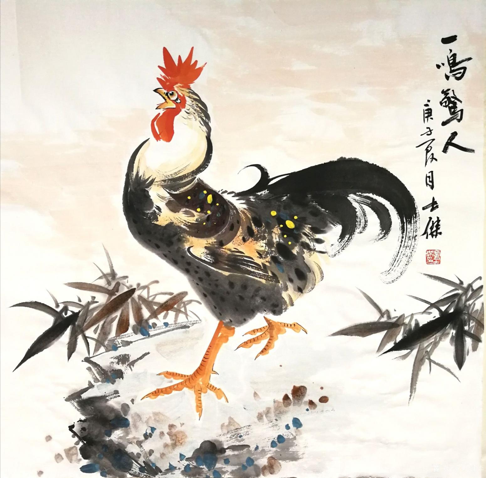 卢士杰国画作品《公鸡-一鸣惊人》