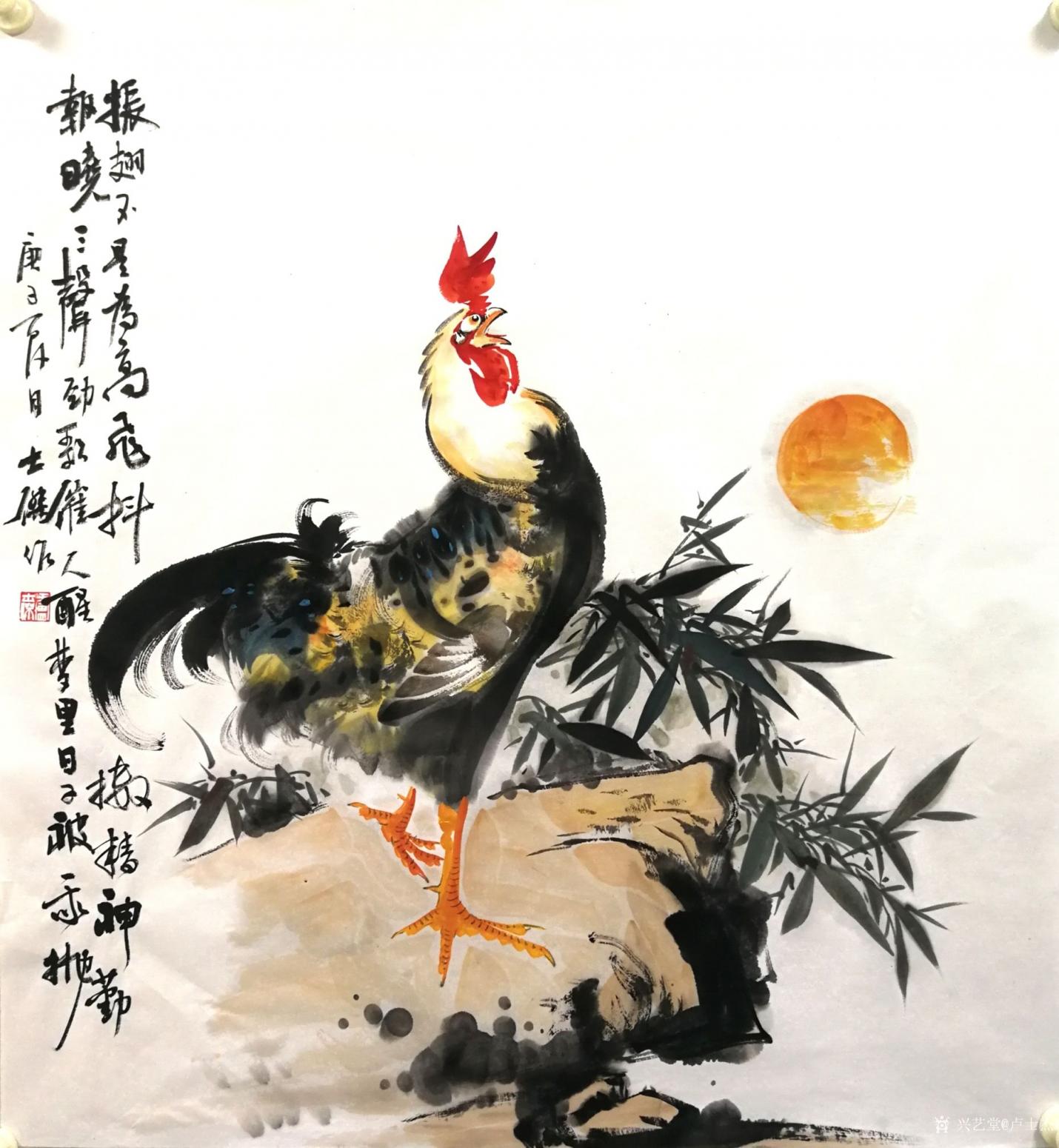卢士杰国画作品《公鸡-抖擞精神勤报晓》