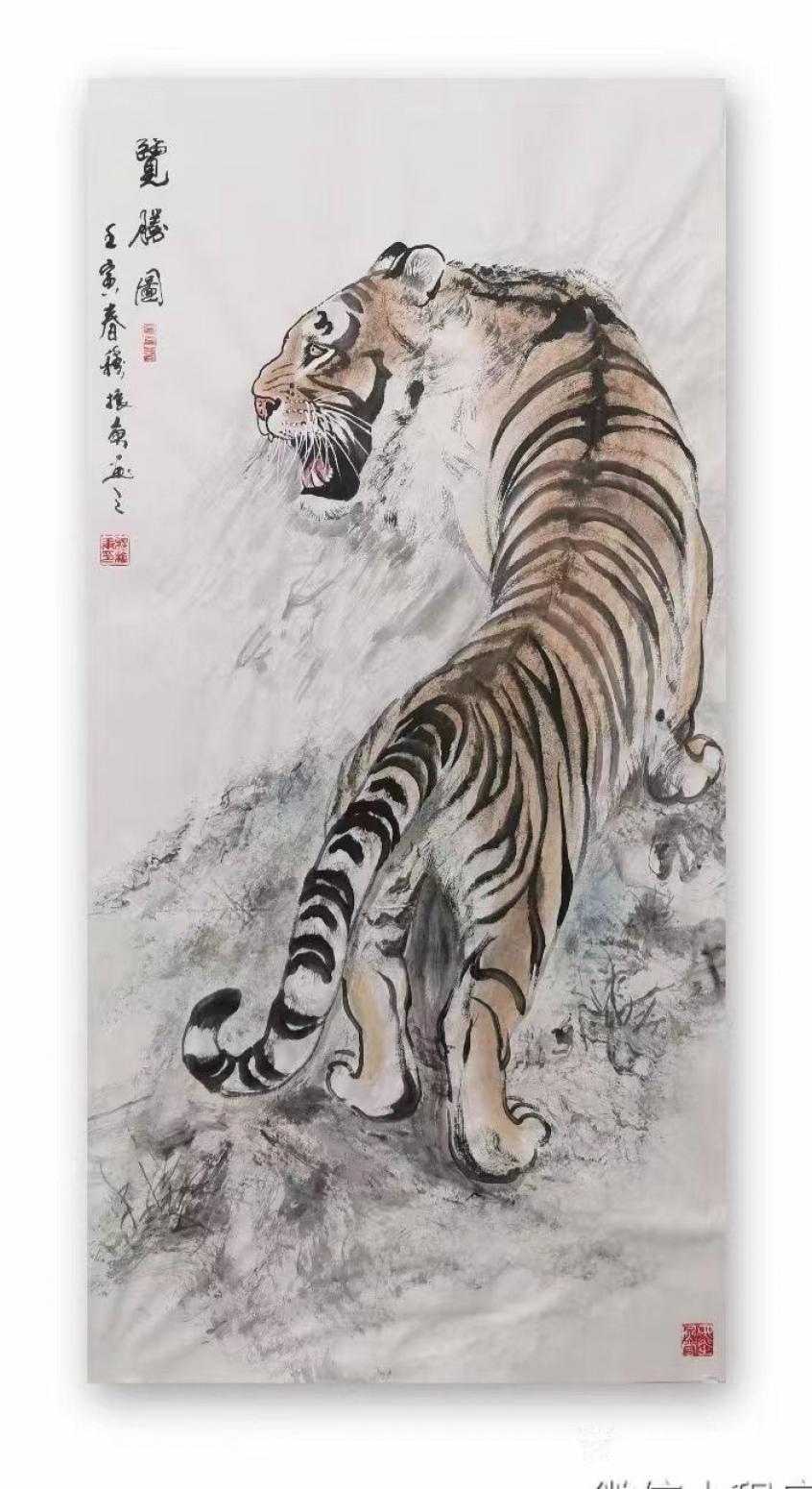 穆振庚国画作品《老虎-览胜图》