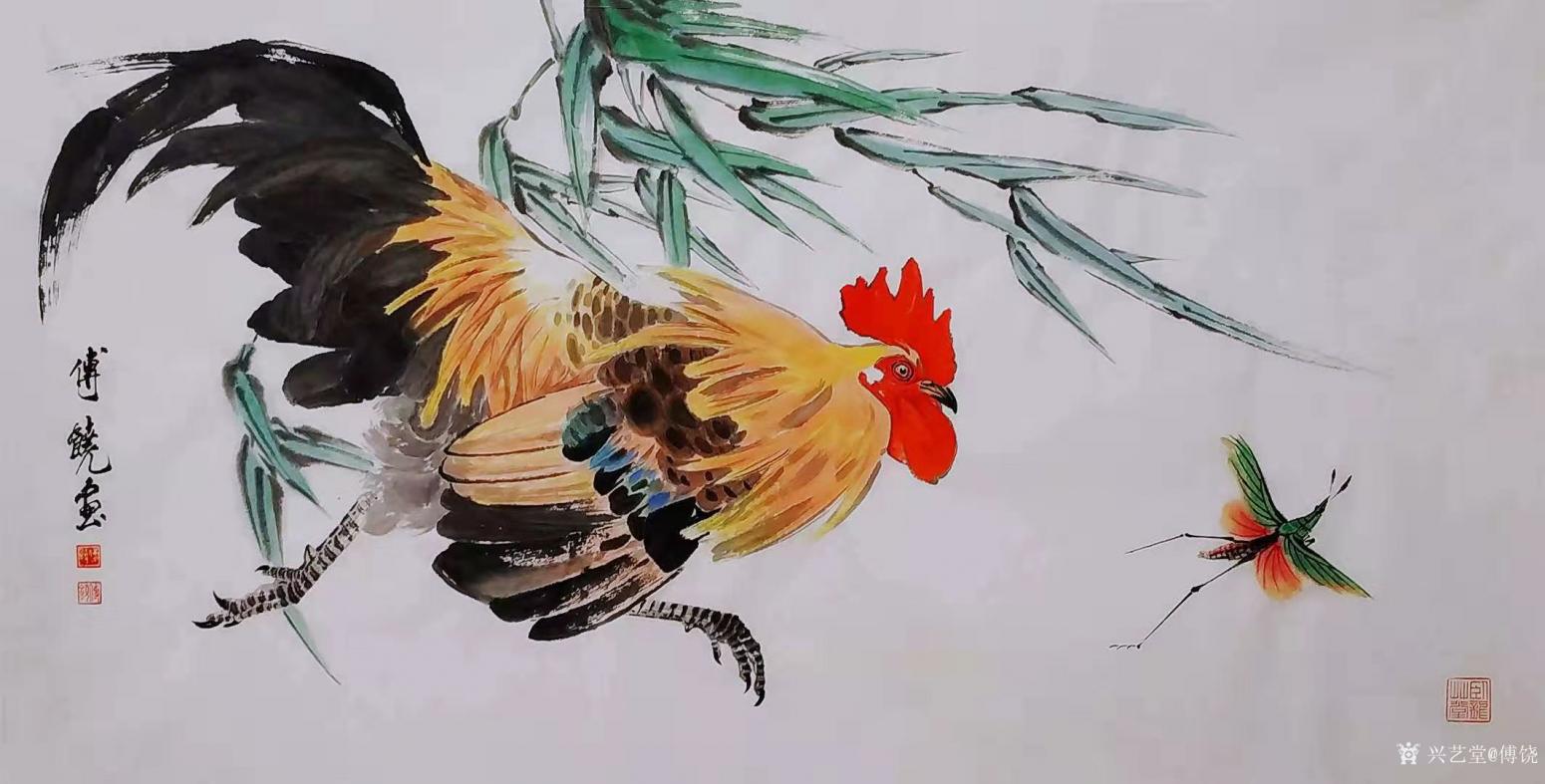 傅饶国画作品《鸡-追逐》