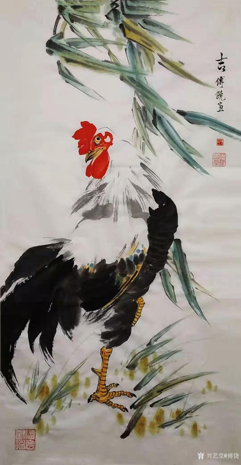 傅饶国画作品《鸡-吉》