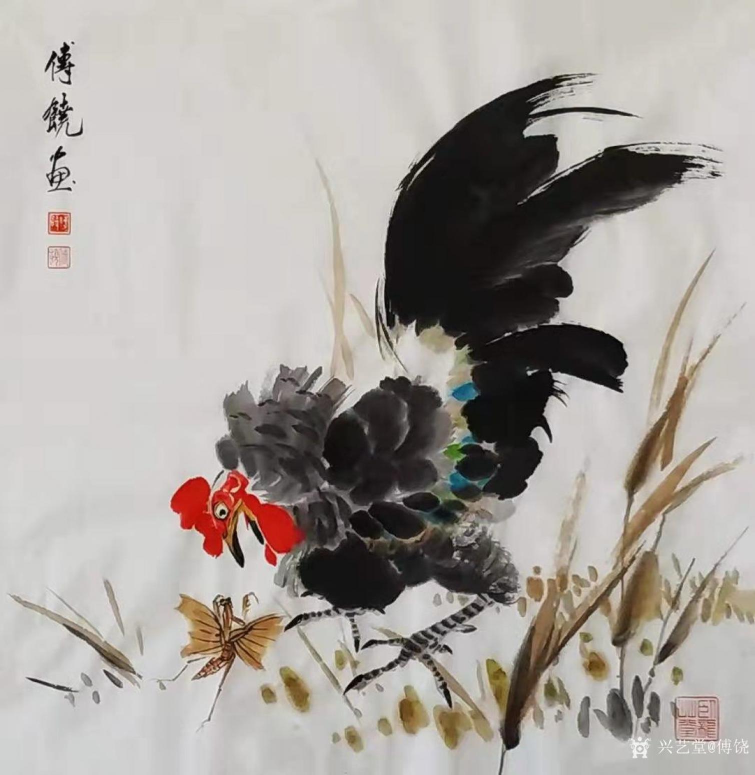 傅饶国画作品《战斗鸡》