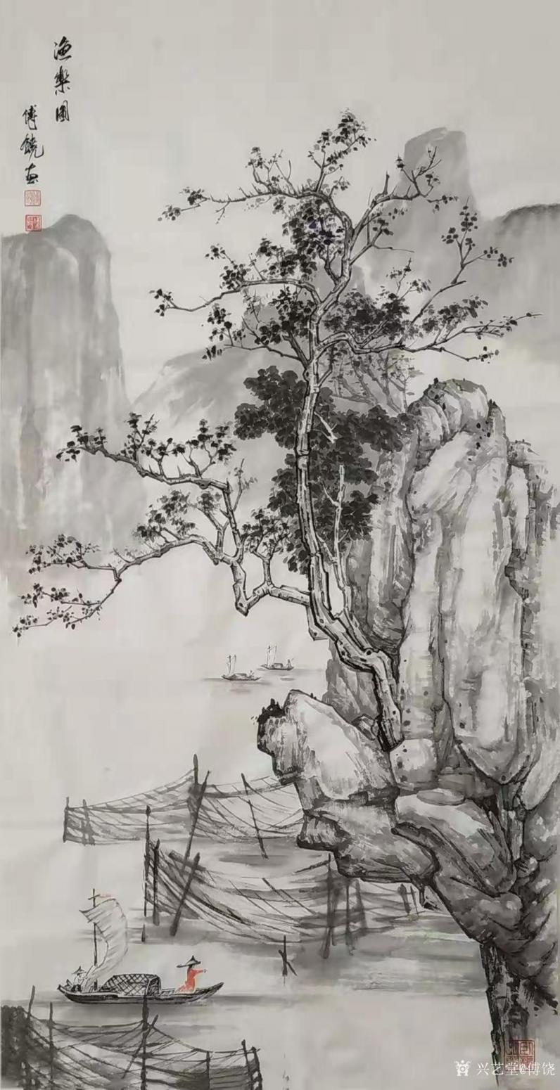 傅饶国画作品《山水-渔乐图》