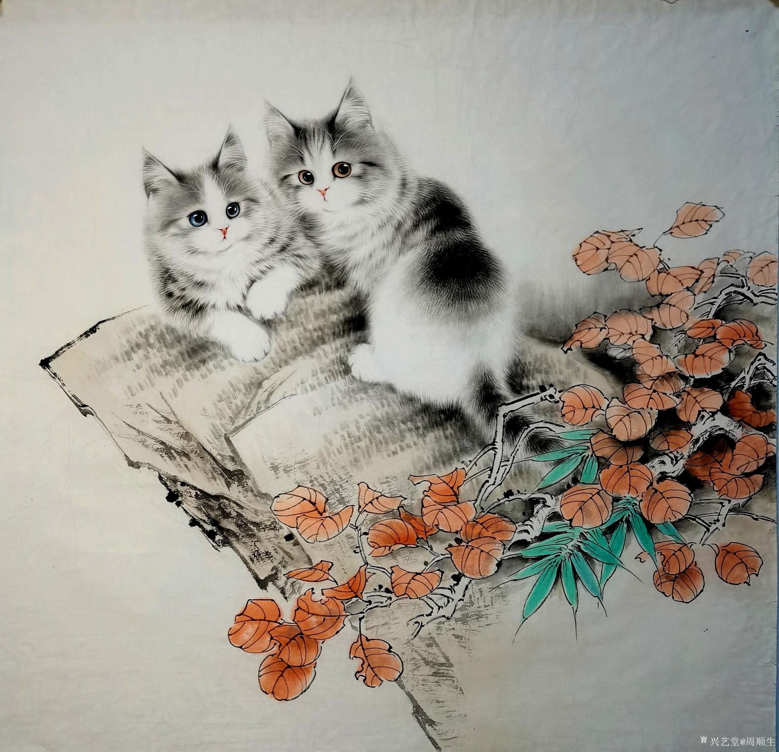 周顺生国画作品《两只猫定制欣赏》【图0】