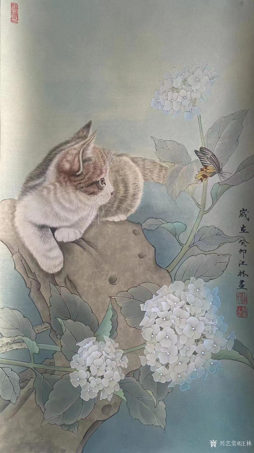汪林国画作品《工笔-猫蝶图》