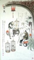艺术家窦世魁日记:中国人物画作品《古画鉴赏》，《赏鸟》，窦世魁【图1】