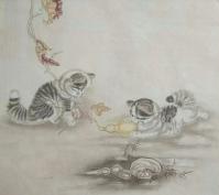艺术家石海博日记:精品猫咪《猫咪戏蝶图》《猫咪戏蚂蚱》《猫咪嬉戏图》，国画工笔【图4】