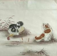 艺术家石海博日记:精品猫咪《猫咪戏蝶图》《猫咪戏蚂蚱》《猫咪嬉戏图》，国画工笔【图0】