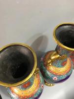 艺术家东方古玩城堡收藏:回流老景泰蓝大象耳双凤戏牡丹图花瓶摆件一对,尺寸20×58c【图3】