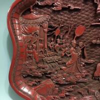 艺术家东方古玩城堡收藏:回流老漆器剔红浮雕人物故事图漆器大盘摆件,尺寸细节如图,喜欢【图4】