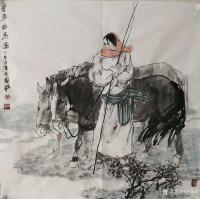 艺术家赵国毅日记:国画人物画系列之《草原牧马图》两幅。萧瑟的寒风，牧马的少女；【图1】