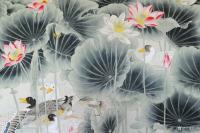 艺术家韩梅日记:工笔花鸟画《荷塘戏鸭图》完工,六尺整张,配整体图和局部图,供【图1】