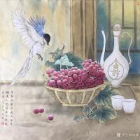 艺术家汪林日记:工笔花鸟画《有喜有酒》，新完成，尺寸60x60cm。喜欢可订【图1】