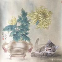 艺术家汪林日记:工笔画《红运当头》完成,尺寸60x40cm;《菊花与猫》尺寸【图2】