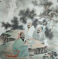 艺术家谷风日记:国画人物画《昭君出塞》,尺寸68*138cm,
《松下品茗【图1】