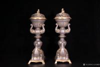 艺术家东方古玩城堡收藏:清代、鎏金银太平有有象灯台一对,造型精美大气,设计独特,大象【图1】