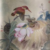 艺术家汪林日记:新作《翠鸟荷花图》,尺寸38X38CM,《猫蝶图》,尺寸10【图1】