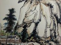 艺术家杨增超日记:国画山水画作品《山村初晴》彩墨画,卡纸,尺寸斗方50x50c【图1】