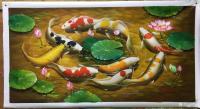艺术家黎群日记:《九鱼戏莲》系列油画欣赏，尺寸60X120㎝，碧绿的荷叶，舞【图2】