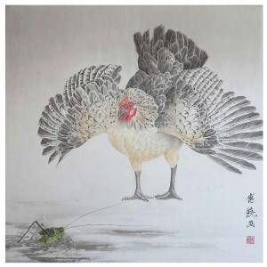 艺术品图片：艺术家傅饶国画作品名称《【雄鸡扑食】作者傅饶》价格4800.00 元