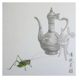 艺术品图片：艺术家傅饶国画作品名称《蝈蝈闻得酒茶香》价格1000.00 元