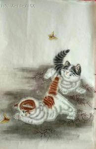 艺术品图片：艺术家石海博国画作品名称《猫咪戏蝶图》价格400.00 元