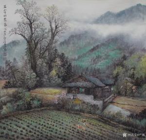 艺术品图片：艺术家严巍国画作品名称《茗山下的农家》议价