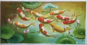 艺术品图片：艺术家黎群油画作品名称《九鱼图（七）横幅》价格1000.00 元