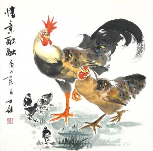 艺术品图片：艺术家卢士杰国画作品名称《鸡-情意融融》价格1200.00 元