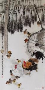 艺术品图片：艺术家李伟强国画作品名称《花鸟鸡-瞧这一家子》议价