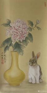 艺术品图片：艺术家汪林国画作品名称《工笔-兔菊》议价