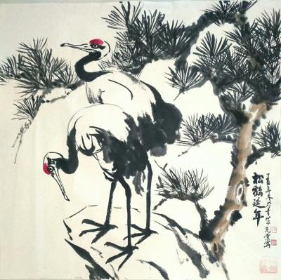 田光荣日记-废品利用，包装纸画了一幅《松鹤延年》，两只大鸟，感觉效果也可以的。【图1】
