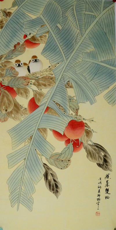 韩梅收藏-三尺工笔花鸟《蕉叶双栖》，韩梅手绘作品，客户订制已发货【图1】
