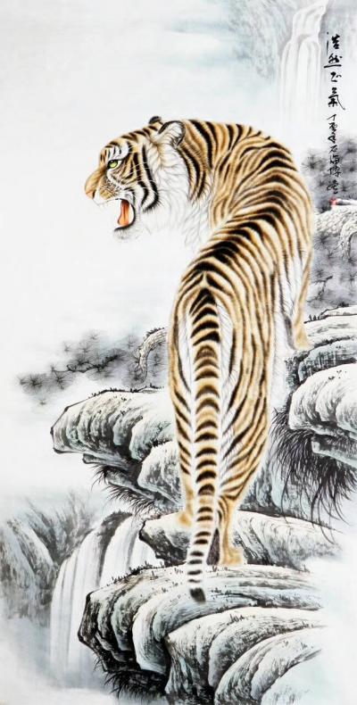 石海博收藏-三只老虎，国画动物画，《王者之风》，六尺整张，70×120cm，石海博手绘【图1】