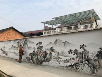 粟盛林收藏-2月11日完工的15米壁画山水。小院围墙如此布景后，感觉就不一样了！贾盛林【图3】