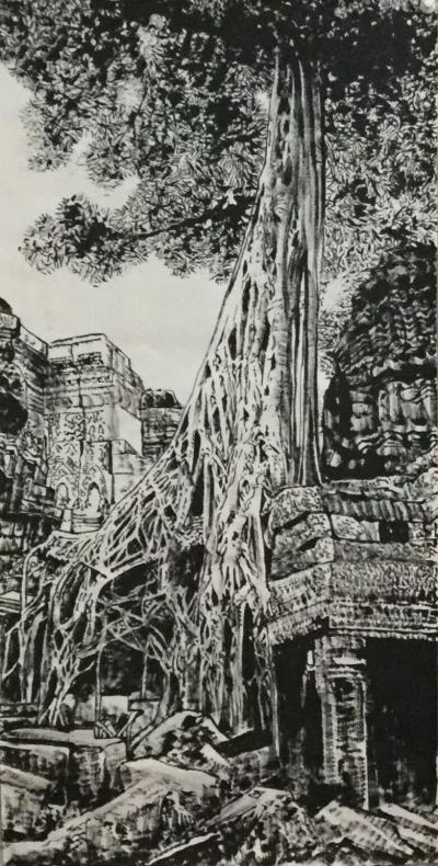 马培童日记-带你走进柬埔寨，我画吴哥窟的大榕树，生命力极强，都生长在石窟上，这里充满了生态之【图4】