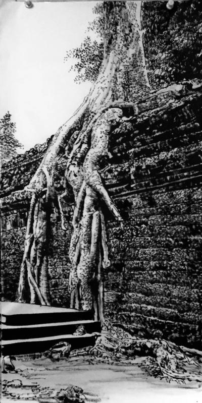 马培童日记-带你走进柬埔寨，我画吴哥窟的大榕树，生命力极强，都生长在石窟上，这里充满了生态之【图8】